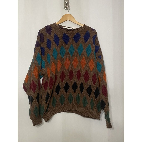 Perry Ellis Sweater Geometric Diamond Knit Heavy‎ Thick Design  Large VTG 1990s - Picture 1 of 8